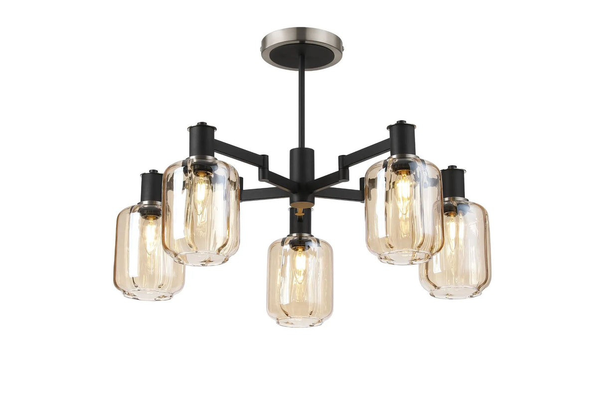 Adamson Swing Arm Semi Ceiling 5 x E14 Satin Nickel/Satin Black/Amber Striped Cylinder Glass