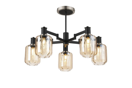 Adamson Swing Arm Semi Ceiling 5 x E14 Satin Nickel/Satin Black/Amber Striped Cylinder Glass