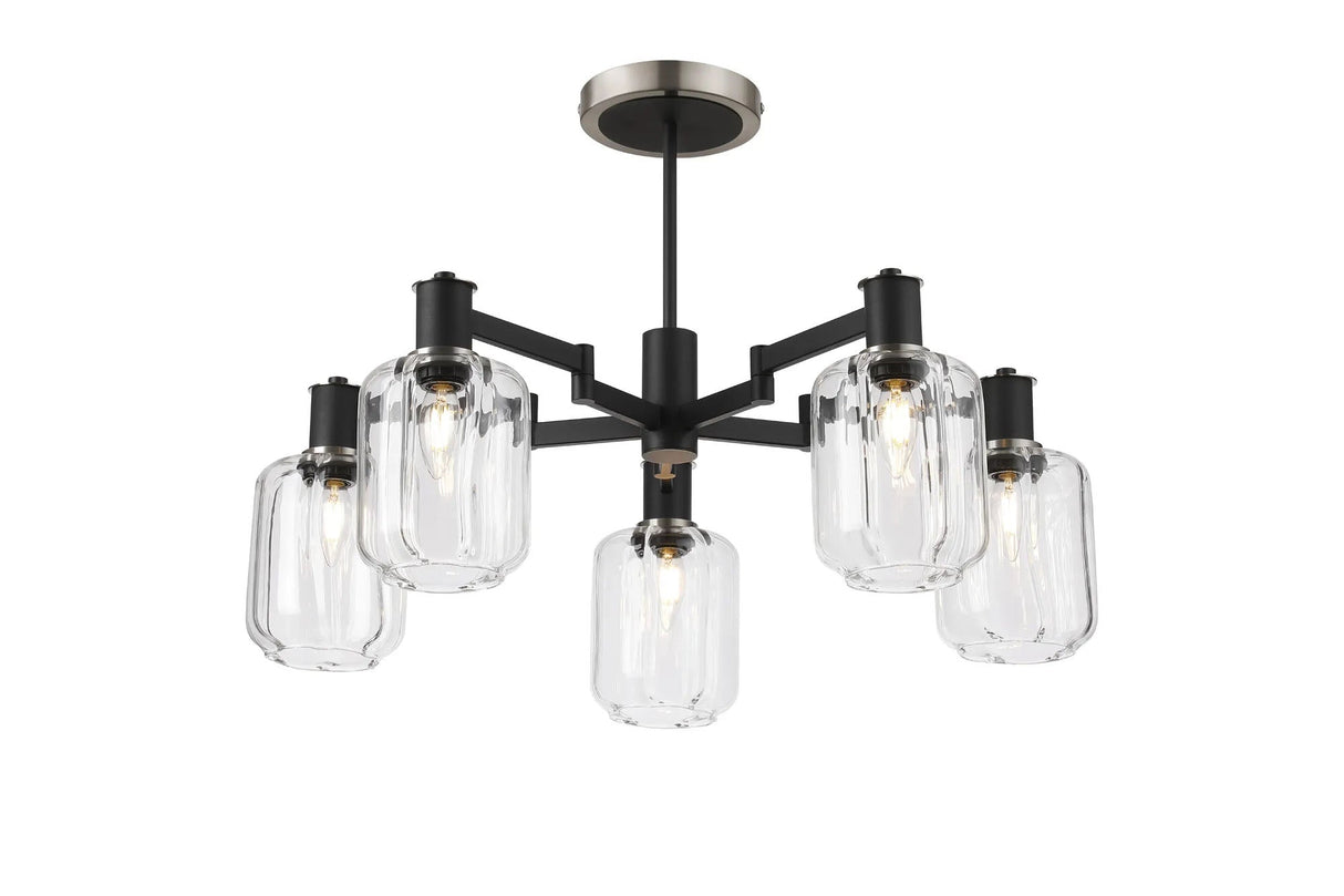 Adamson Swing Arm Semi Ceiling 5 x E14 Satin Nickel/Satin Black/Clear Striped Cylinder Glass