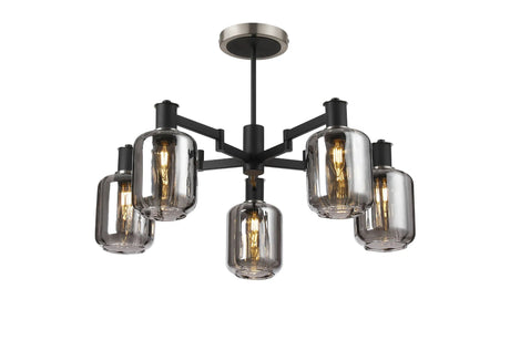 Adamson Swing Arm Semi Ceiling 5 x E14 Satin Nickel/Satin Black/Smoke Striped Cylinder Glass
