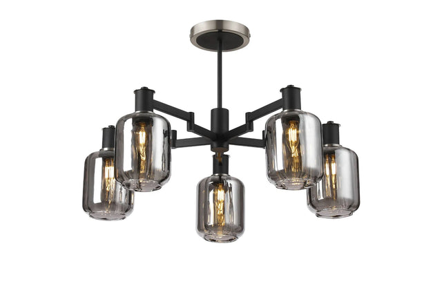 Adamson Swing Arm Semi Ceiling 5 x E14 Satin Nickel/Satin Black/Smoke Striped Cylinder Glass