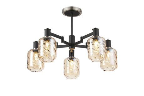 Adamson Swing Arm Semi Ceiling 5 x E14 Satin Nickel/Satin Black/Amber Twisted Cylinder Glass