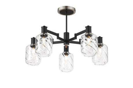Adamson Swing Arm Semi Ceiling 5 x E14 Satin Nickel/Satin Black/Clear Twisted Cylinder Glass