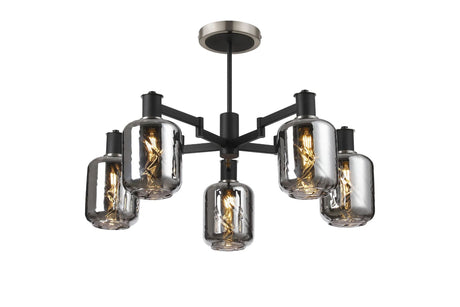 Adamson Swing Arm Semi Ceiling 5 x E14 Satin Nickel/Satin Black/Smoke Twisted Cylinder Glass