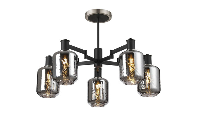 Adamson Swing Arm Semi Ceiling 5 x E14 Satin Nickel/Satin Black/Smoke Twisted Cylinder Glass