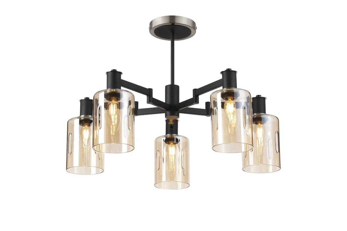 Adamson Swing Arm Semi Ceiling 5 x E14 Satin Nickel/Satin Black/Amber Uniform Dimple Cylinder Glass