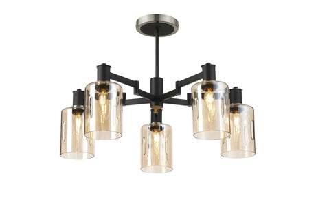 Adamson Swing Arm Semi Ceiling 5 x E14 Satin Nickel/Satin Black/Amber Uniform Dimple Cylinder Glass