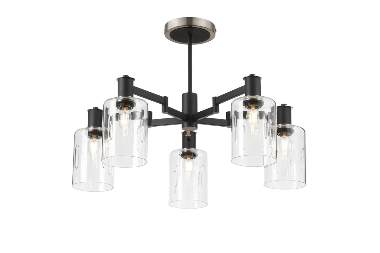 Adamson Swing Arm Semi Ceiling 5 x E14 Satin Nickel/Satin Black/Clear Uniform Dimple Cylinder Glass
