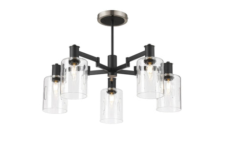 Adamson Swing Arm Semi Ceiling 5 x E14 Satin Nickel/Satin Black/Clear Uniform Dimple Cylinder Glass
