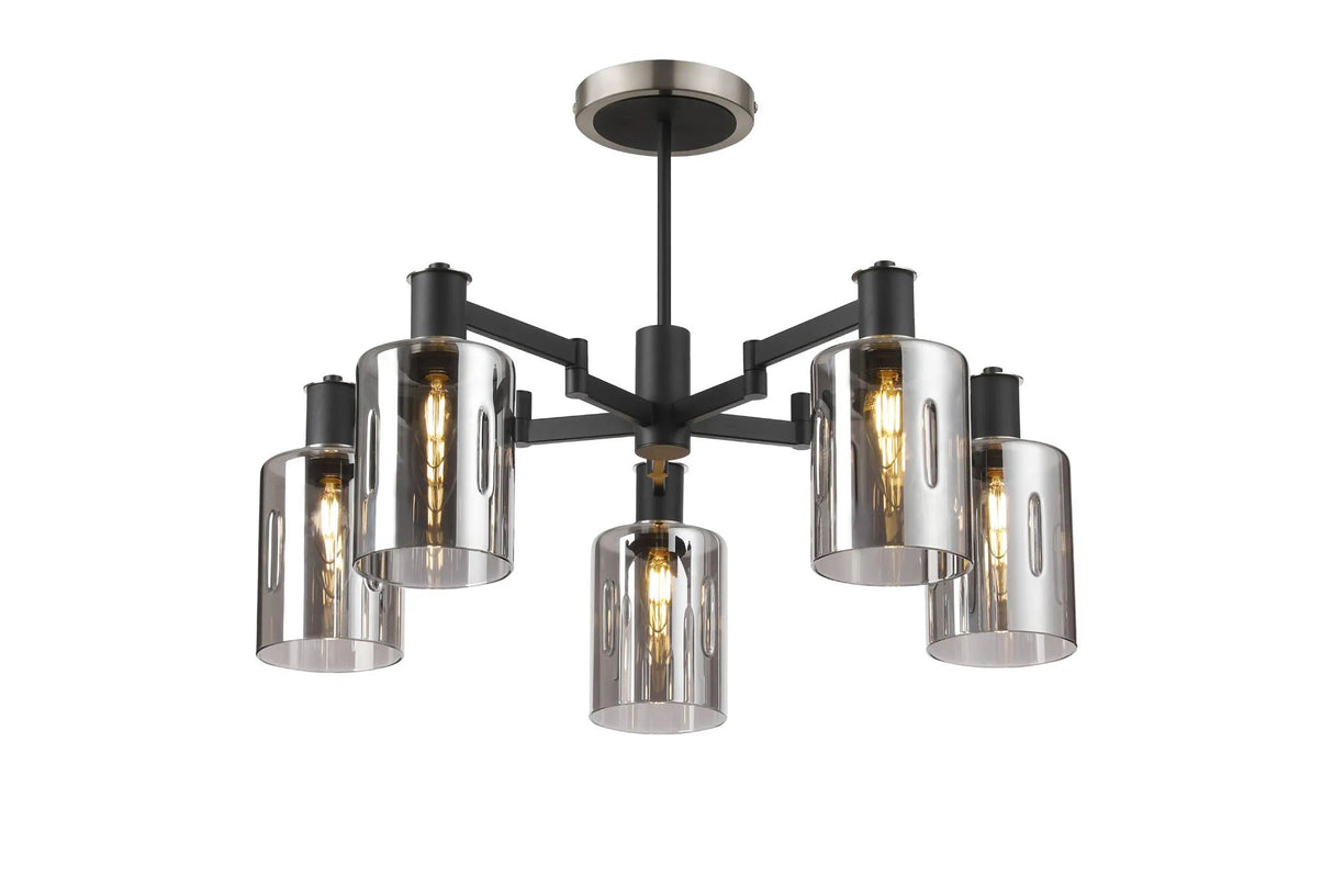 Adamson Swing Arm Semi Ceiling 5 x E14 Satin Nickel/Satin Black/Smoke Uniform Dimple Cylinder Glass