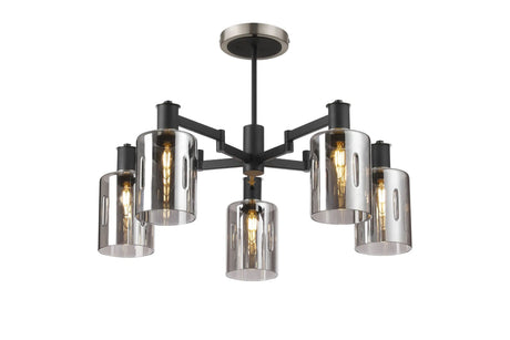 Adamson Swing Arm Semi Ceiling 5 x E14 Satin Nickel/Satin Black/Smoke Uniform Dimple Cylinder Glass