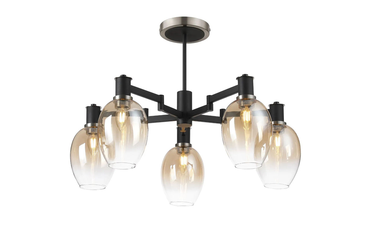 Adamson Swing Arm Semi Ceiling 5 x E14 Satin Nickel/Satin Black/Amber Fade Wine Glass Glass