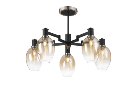 Adamson Swing Arm Semi Ceiling 5 x E14 Satin Nickel/Satin Black/Amber Fade Wine Glass Glass