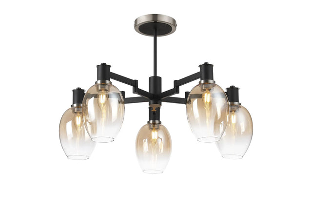 Adamson Swing Arm Semi Ceiling 5 x E14 Satin Nickel/Satin Black/Amber Fade Wine Glass Glass