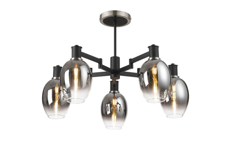 Adamson Swing Arm Semi Ceiling 5 x E14 Satin Nickel/Satin Black/Smoke Fade Wine Glass Glass