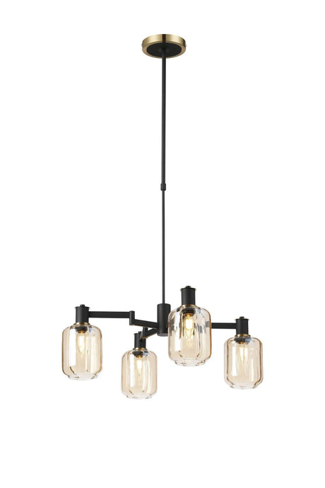 Adamson Swing Arm Telescopic Pendant 4 x E14 Brass/Satin Black/Amber Striped Cylinder Glass