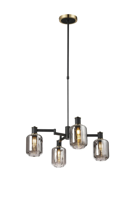 Adamson Swing Arm Telescopic Pendant 4 x E14 Brass/Satin Black/Smoke Striped Cylinder Glass