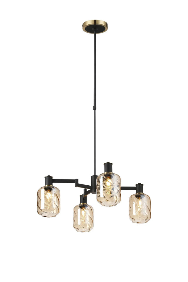 Adamson Swing Arm Telescopic Pendant 4 x E14 Brass/Satin Black/Amber Twisted Cylinder Glass