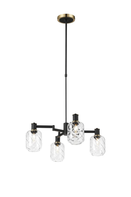 Adamson Swing Arm Telescopic Pendant 4 x E14 Brass/Satin Black/Clear Twisted Cylinder Glass