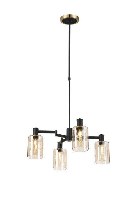 Adamson Swing Arm Telescopic Pendant 4 x E14 Brass/Satin Black/Amber Uniform Dimple Cylinder Glass