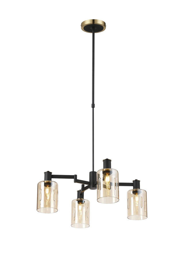 Adamson Swing Arm Telescopic Pendant 4 x E14 Brass/Satin Black/Amber Uniform Dimple Cylinder Glass