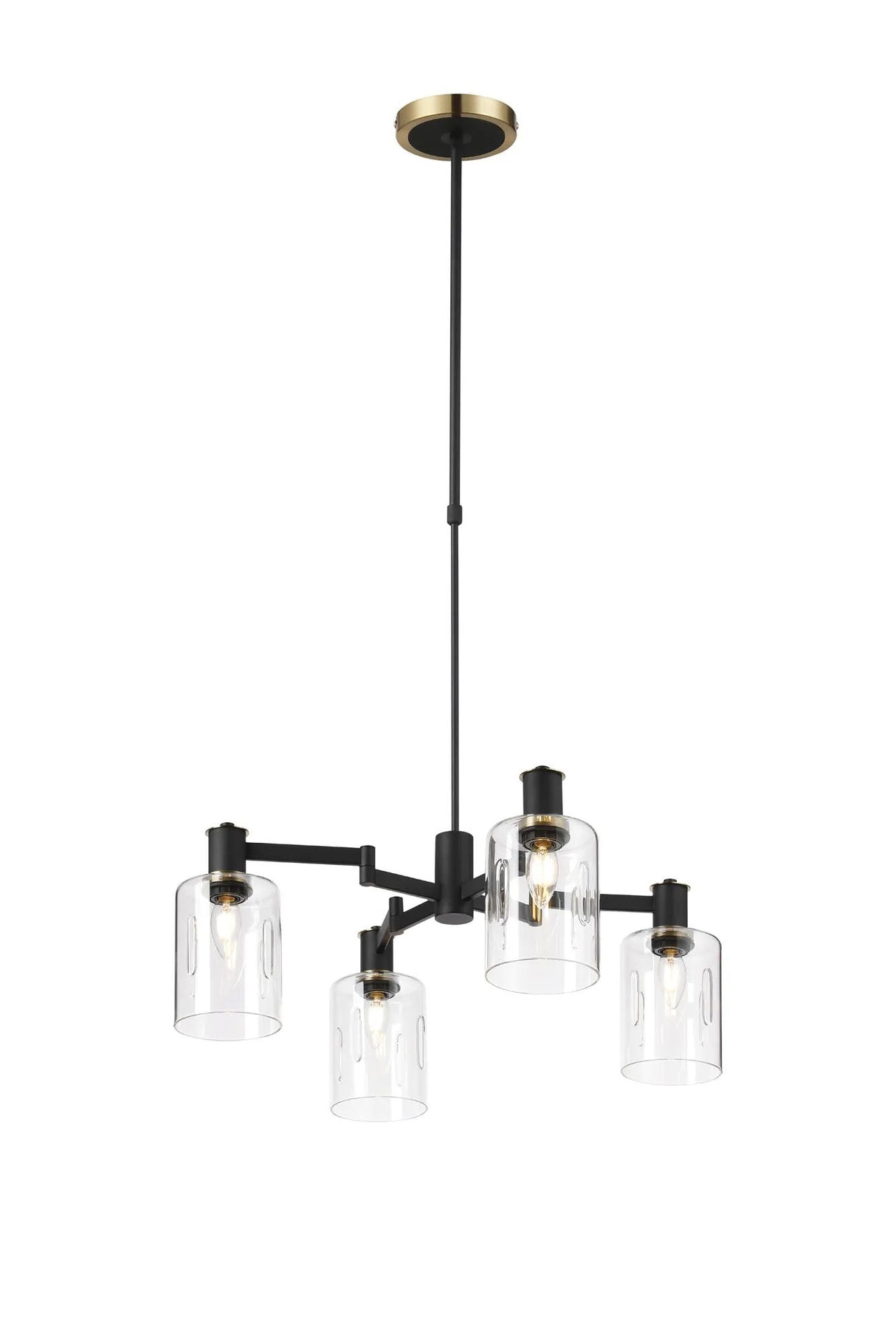 Adamson Swing Arm Telescopic Pendant 4 x E14 Brass/Satin Black/Clear Uniform Dimple Cylinder Glass