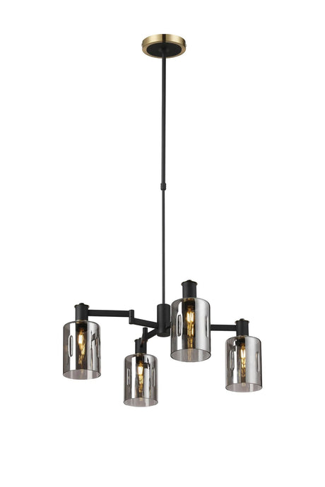 Adamson Swing Arm Telescopic Pendant 4 x E14 Brass/Satin Black/Smoke Uniform Dimple Cylinder Glass