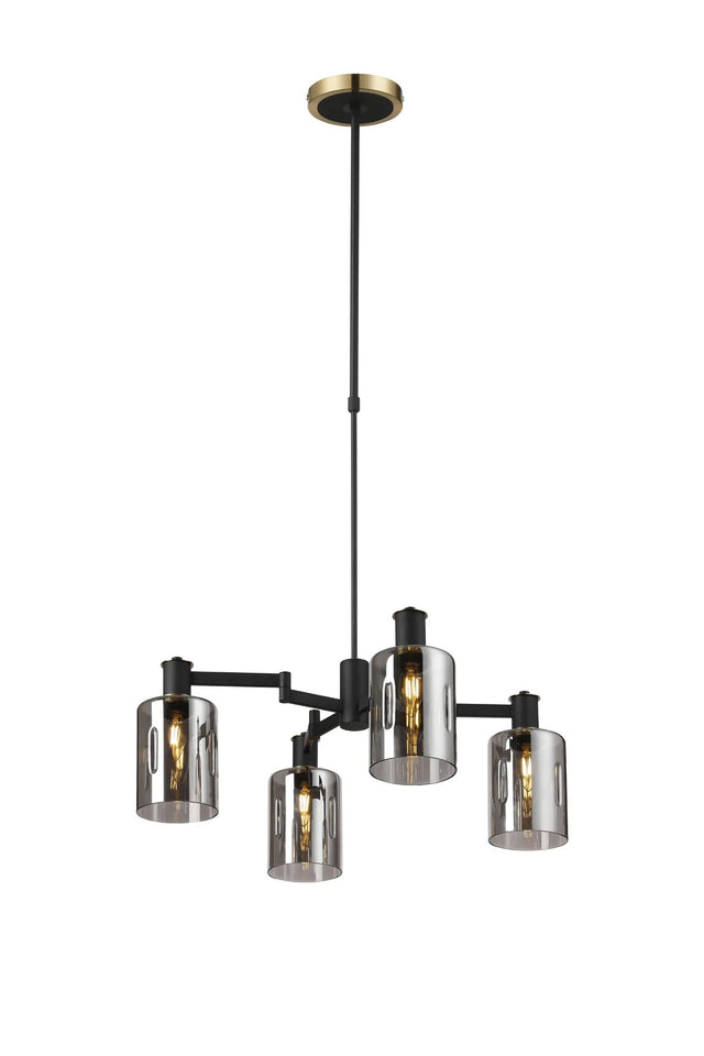 Adamson Swing Arm Telescopic Pendant 4 x E14 Brass/Satin Black/Smoke Uniform Dimple Cylinder Glass