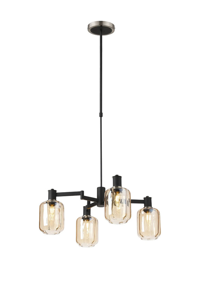 Adamson Swing Arm Telescopic Pendant 4 x E14 Satin Nickel/Satin Black/Amber Striped Cylinder Glass