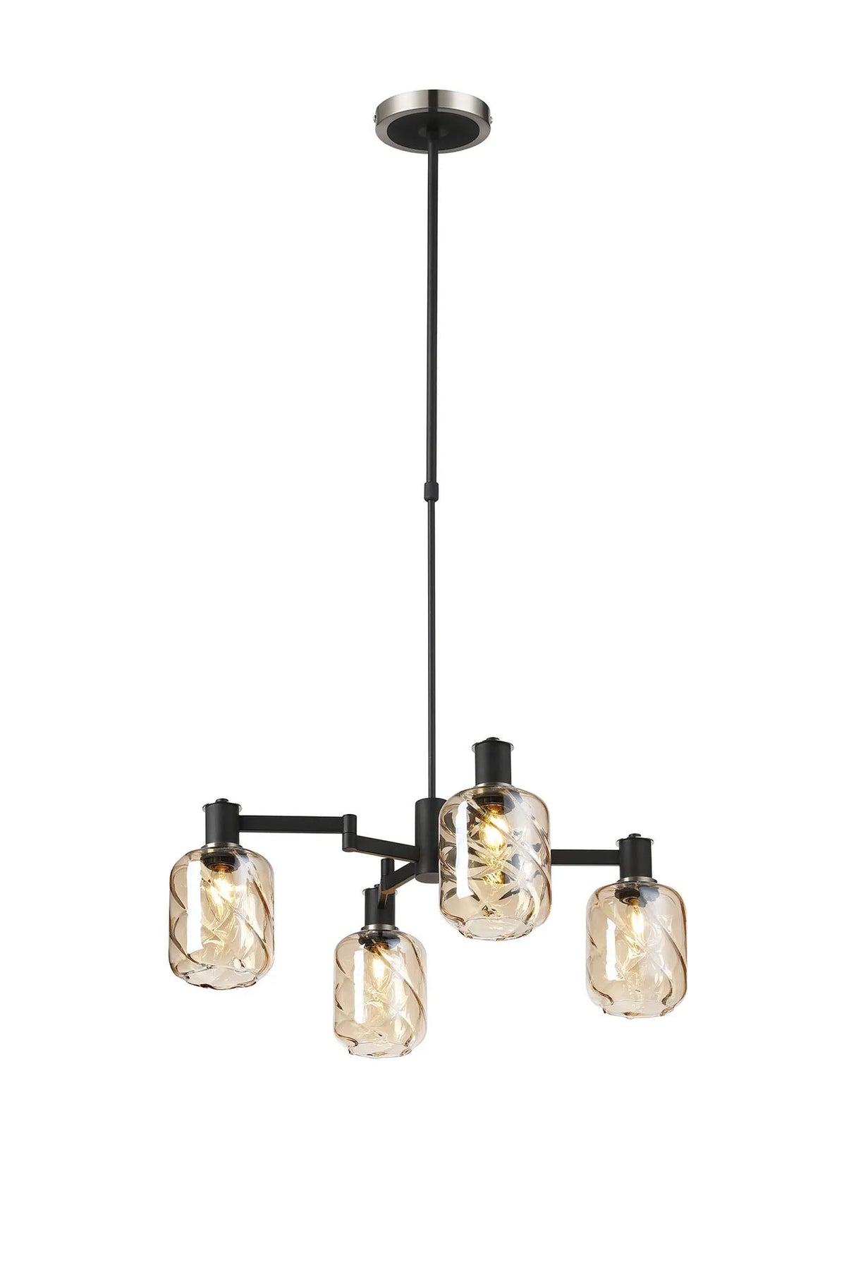 Adamson Swing Arm Telescopic Pendant 4 x E14 Satin Nickel/Satin Black/Amber Twisted Cylinder Glass