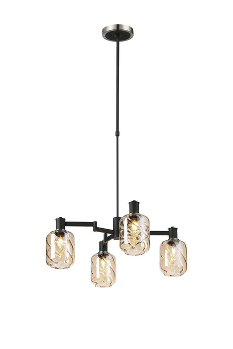 Adamson Swing Arm Telescopic Pendant 4 x E14 Satin Nickel/Satin Black/Amber Twisted Cylinder Glass