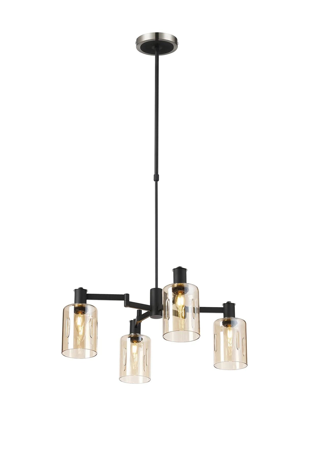 Adamson Swing Arm Telescopic Pendant 4 x E14 Satin Nickel/Satin Black/Amber Uniform Dimple Cylinder Glass