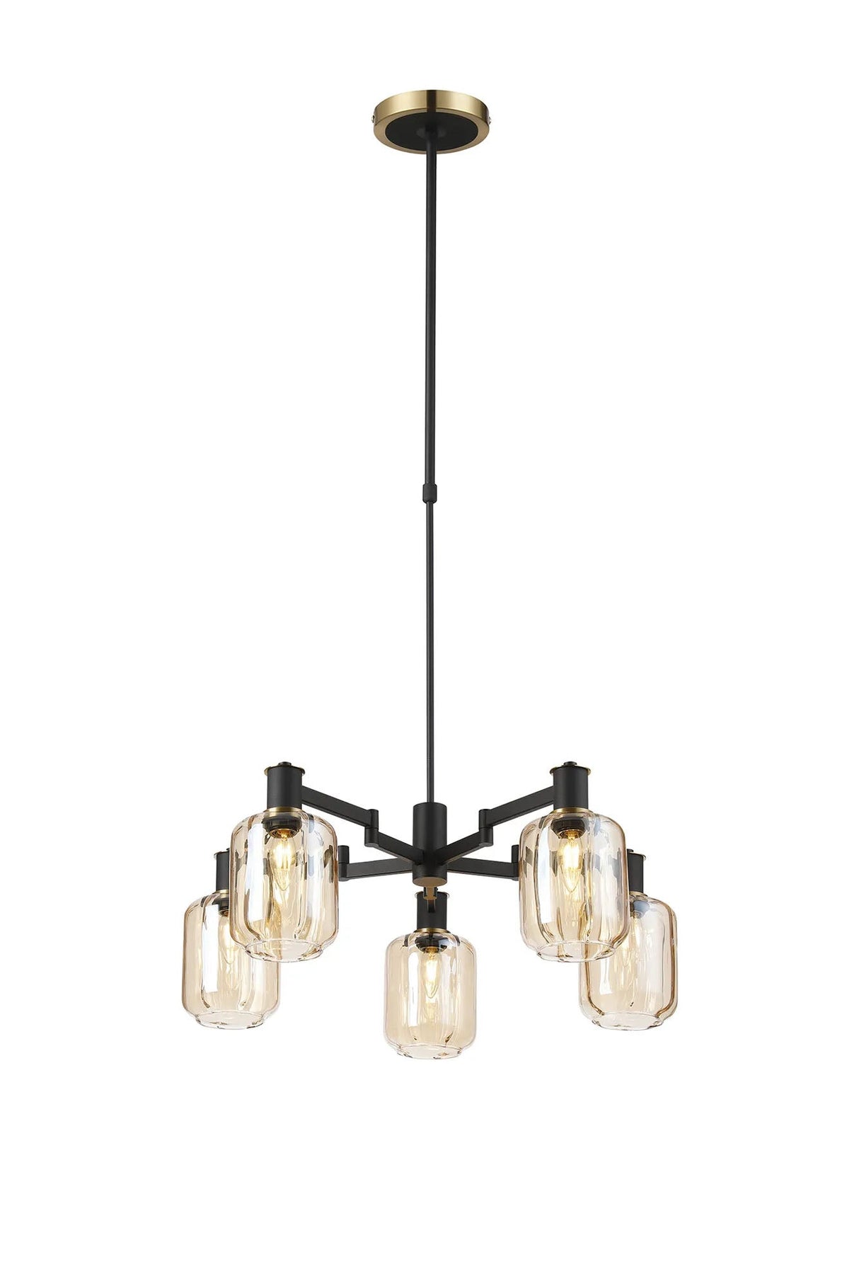 Adamson Swing Arm Telescopic Pendant 5 x E14 Brass/Satin Black/Amber Striped Cylinder Glass
