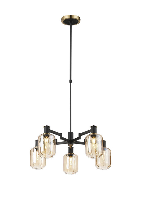Adamson Swing Arm Telescopic Pendant 5 x E14 Brass/Satin Black/Amber Striped Cylinder Glass