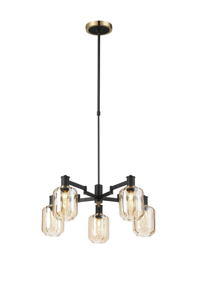 Adamson Swing Arm Telescopic Pendant 5 x E14 Brass/Satin Black/Amber Striped Cylinder Glass
