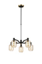 Adamson Swing Arm Telescopic Pendant 5 x E14 Brass/Satin Black/Amber Striped Cylinder Glass