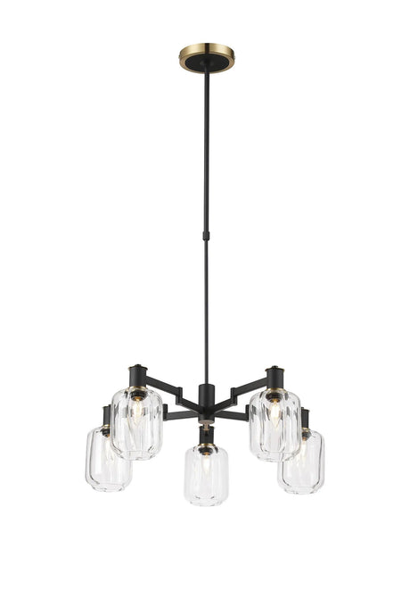 Adamson Swing Arm Telescopic Pendant 5 x E14 Brass/Satin Black/Clear Striped Cylinder Glass