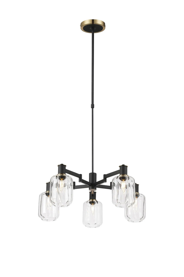 Adamson Swing Arm Telescopic Pendant 5 x E14 Brass/Satin Black/Clear Striped Cylinder Glass