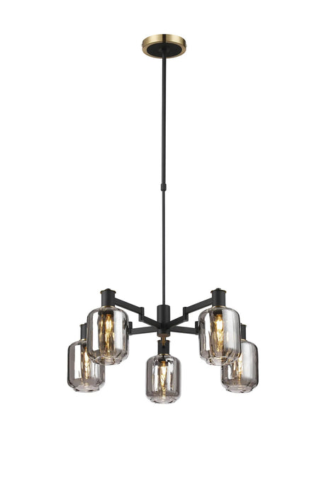 Adamson Swing Arm Telescopic Pendant 5 x E14 Brass/Satin Black/Smoke Striped Cylinder Glass