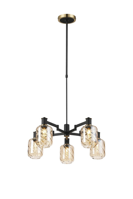 Adamson Swing Arm Telescopic Pendant 5 x E14 Brass/Satin Black/Amber Twisted Cylinder Glass