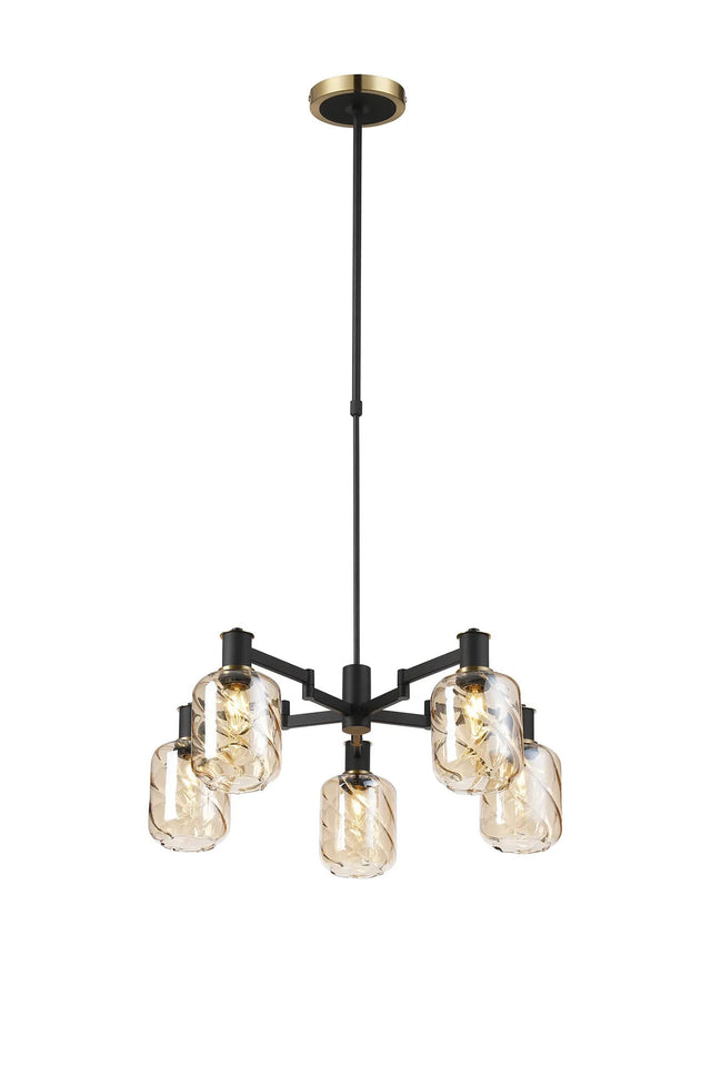 Adamson Swing Arm Telescopic Pendant 5 x E14 Brass/Satin Black/Amber Twisted Cylinder Glass