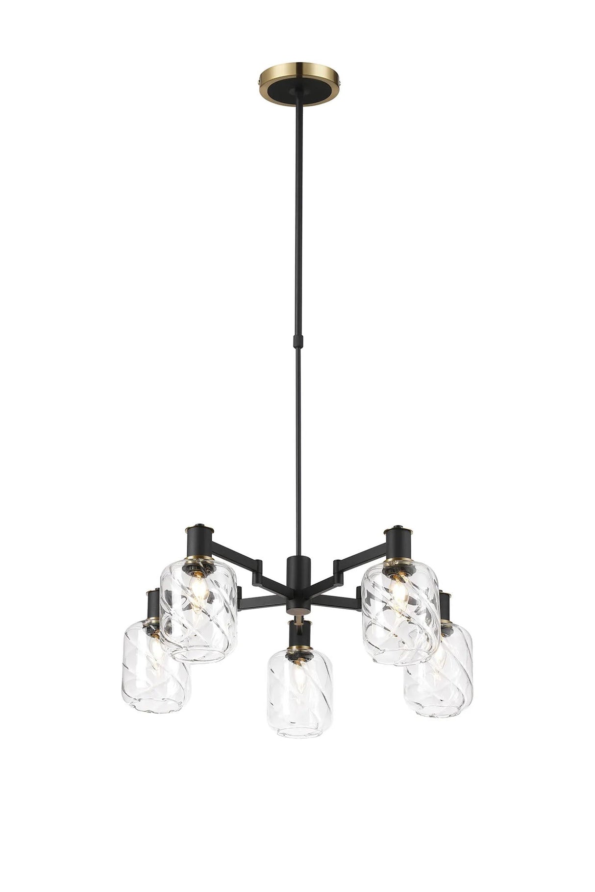 Adamson Swing Arm Telescopic Pendant 5 x E14 Brass/Satin Black/Clear Twisted Cylinder Glass