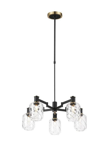 Adamson Swing Arm Telescopic Pendant 5 x E14 Brass/Satin Black/Clear Twisted Cylinder Glass