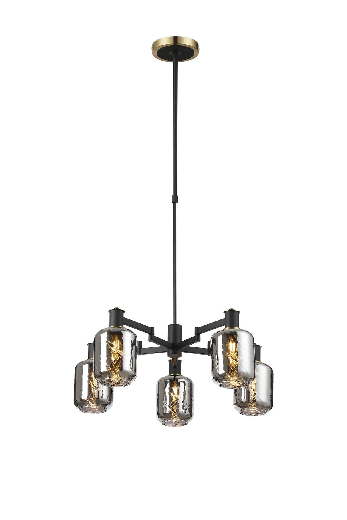 Adamson Swing Arm Telescopic Pendant 5 x E14 Brass/Satin Black/Smoke Twisted Cylinder Glass