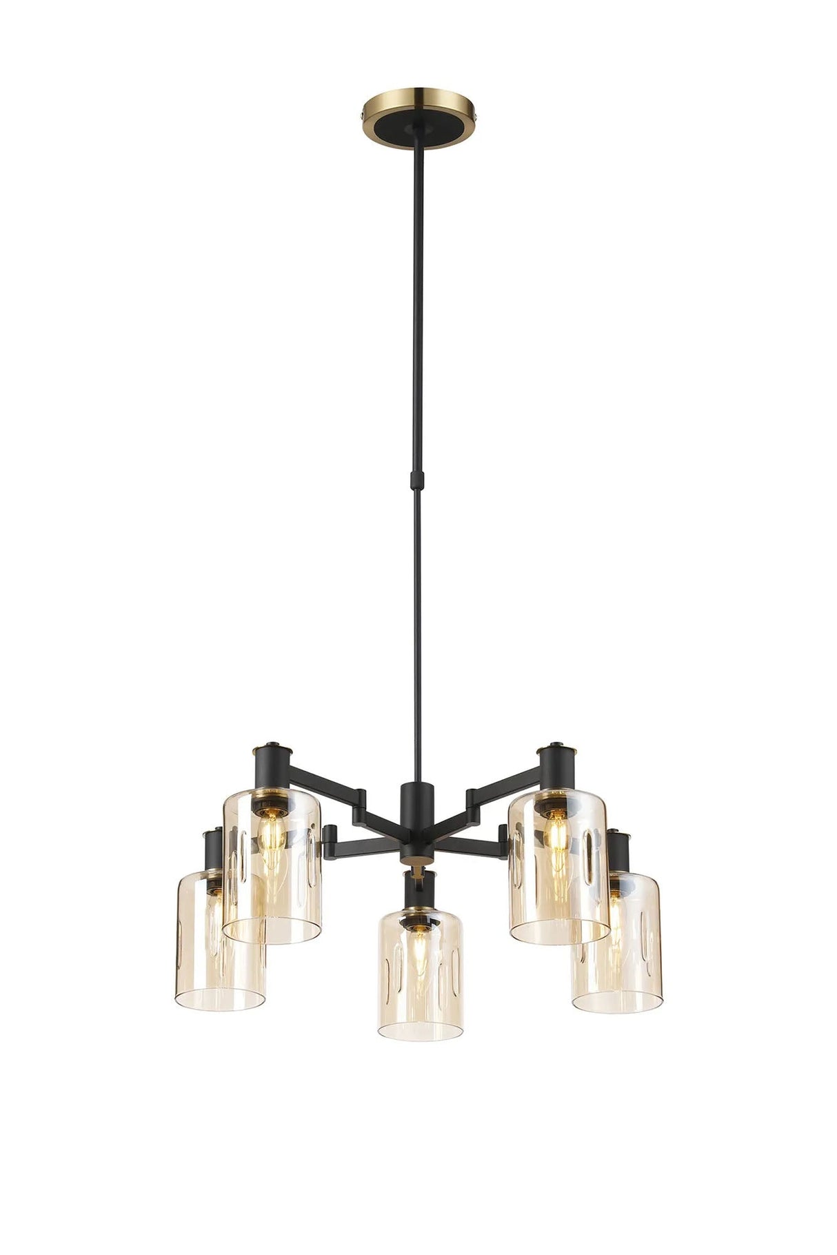 Adamson Swing Arm Telescopic Pendant 5 x E14 Brass/Satin Black/Amber Uniform Dimple Cylinder Glass