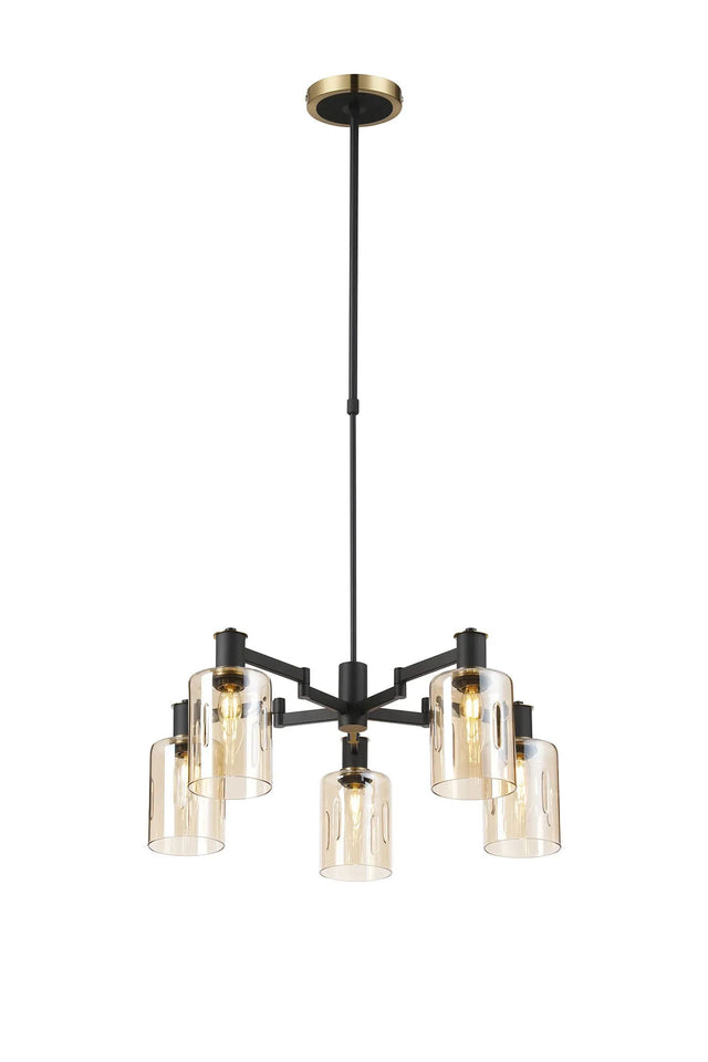 Adamson Swing Arm Telescopic Pendant 5 x E14 Brass/Satin Black/Amber Uniform Dimple Cylinder Glass