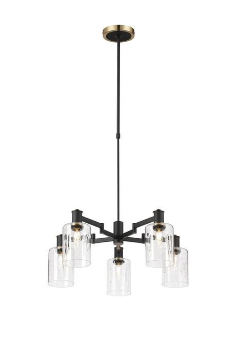 Adamson Swing Arm Telescopic Pendant 5 x E14 Brass/Satin Black/Clear Uniform Dimple Cylinder Glass