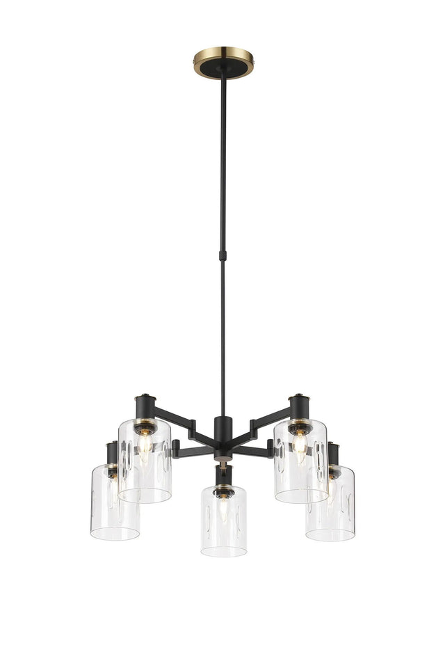 Adamson Swing Arm Telescopic Pendant 5 x E14 Brass/Satin Black/Clear Uniform Dimple Cylinder Glass