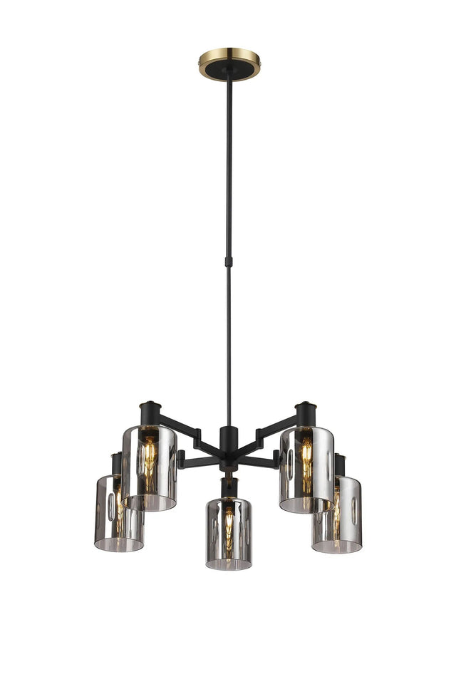 Adamson Swing Arm Telescopic Pendant 5 x E14 Brass/Satin Black/Smoke Uniform Dimple Cylinder Glass