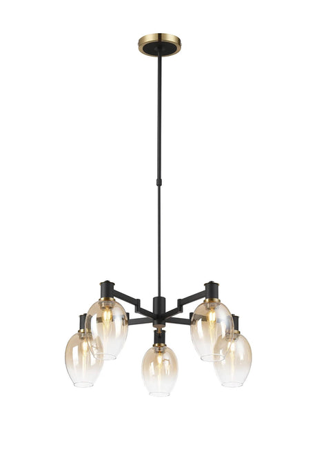 Adamson Swing Arm Telescopic Pendant 5 x E14 Brass/Satin Black/Amber Fade Wine Glass Glass